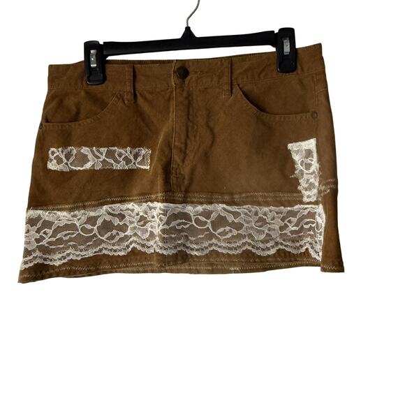 Prana Skirt 8 Brown Corduroy Mini Lace Patchwork Boho Organic Cotton Fairy - Picture 1 of 8